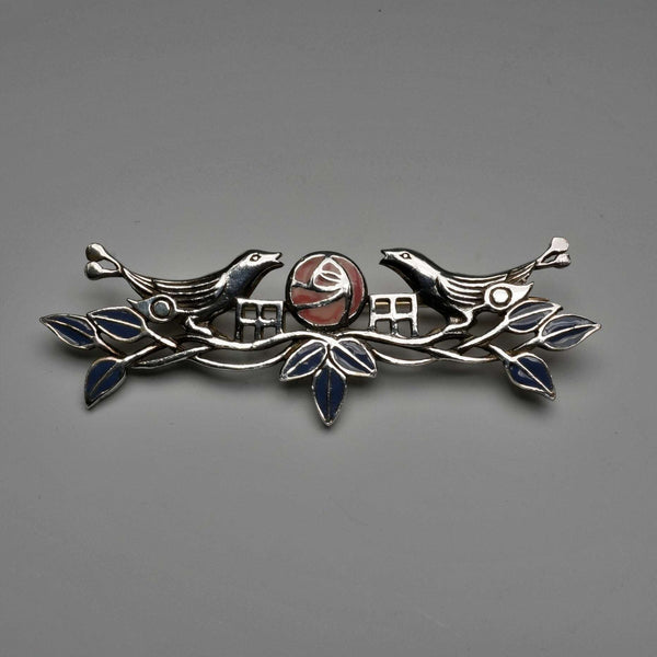 Vintage Pure Silver Enamel Brooch: Mackintosh Rose and Pair of Birds