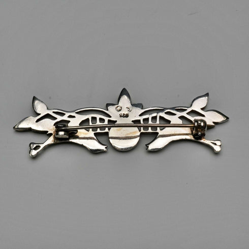 Broche vintage de plata de ley con esmalte, rosa de Mackintosh y pareja de pájaros