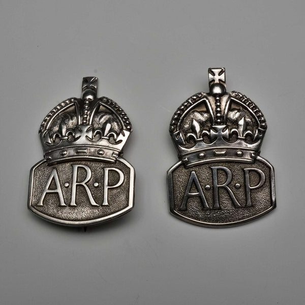 1938 British Vintage Sterling Silver ARP Warden Badge Pair by Royal Mint