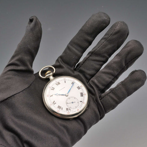 Circa 1916 Antique Longines Pocket Watch, Slim Silver-Plated Case, Good Working Order