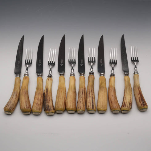 Juego de cubiertos para carne de estilo vintage británico con mangos de asta, 6 pares en estuche Excalibur
