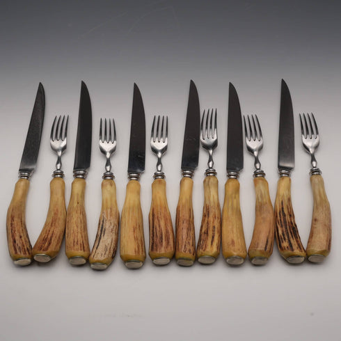 Juego de cubiertos para carne de estilo vintage británico con mangos de asta, 6 pares en estuche Excalibur