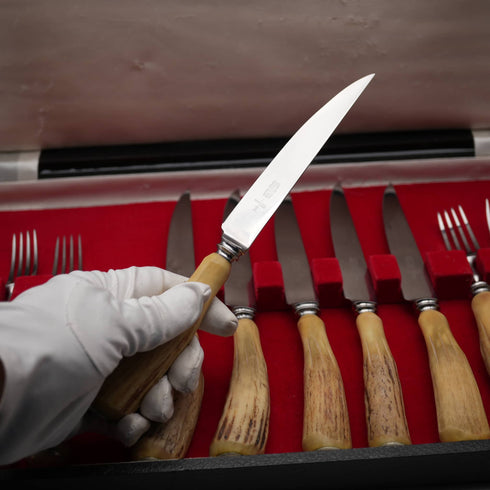Juego de cubiertos para carne de estilo vintage británico con mangos de asta, 6 pares en estuche Excalibur
