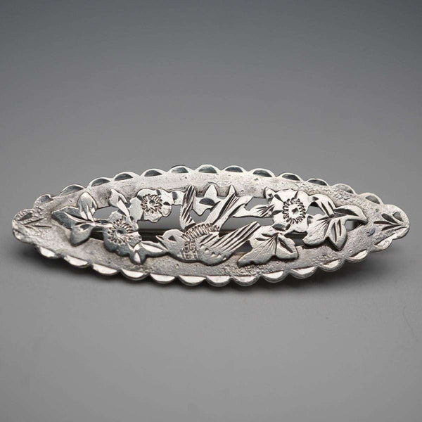 1914 British Antique Sterling Silver Brooch, Japonisme Bird Design, 2.3g, Joseph Richard
