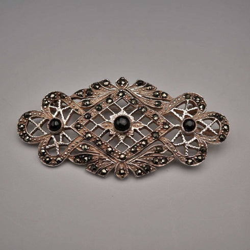 Broche vintage grande de plata de ley con ónix negro y marcasitas, 12.1 g