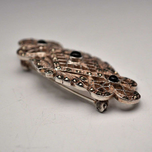 Broche vintage grande de plata de ley con ónix negro y marcasitas, 12.1 g