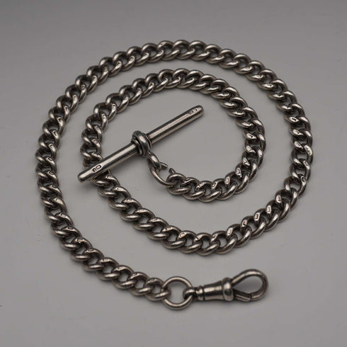 Cadena Albert de plata esterlina antigua británica, c. 1919, 40 g, sin sello (fob)