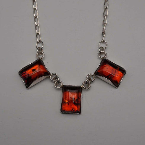 Vintage Sterling Silver & Amber Triple Rectangle Drop Necklace 45cm 11g