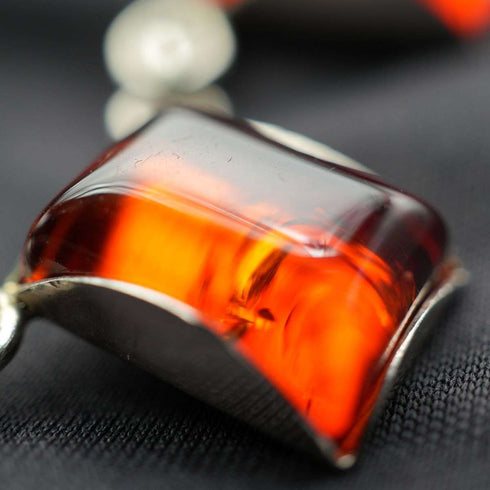 Vintage Sterling Silver & Amber Triple Rectangle Drop Necklace 45cm 11g