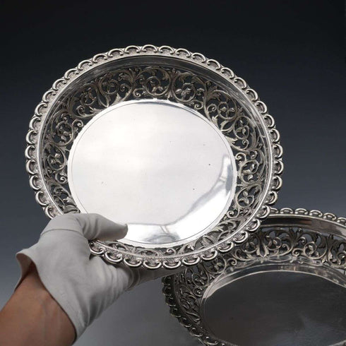 Pair of Antique English Silver Plate Pierced Round Dishes by Mappin Brothers