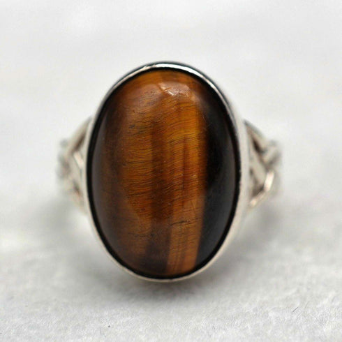 UK Vintage Sterling Silver & Large Tiger's Eye Ring (JP Size 15)