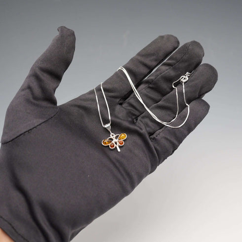 Vintage Sterling Silver & Amber Butterfly Pendant with Sterling Silver Chain