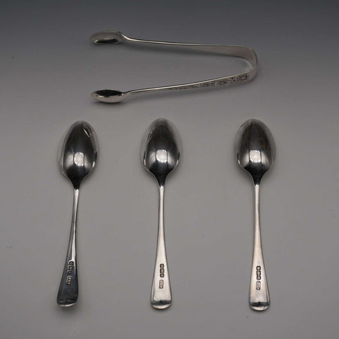 1899年 英国アンティーク 純銀製ティースプーン3本 &シュガートングセット 計76g Gilmour&Watson