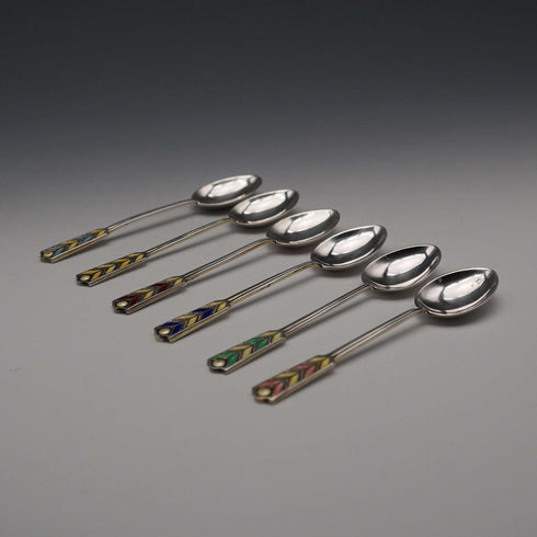 1958 English Vintage Sterling Silver Enamel Coffee Spoons, Set of 6, Total 61g, Turner & Simpson