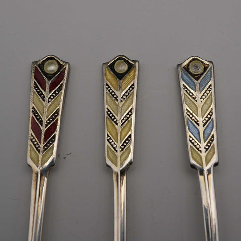 1958 English Vintage Sterling Silver Enamel Coffee Spoons, Set of 6, Total 61g, Turner & Simpson