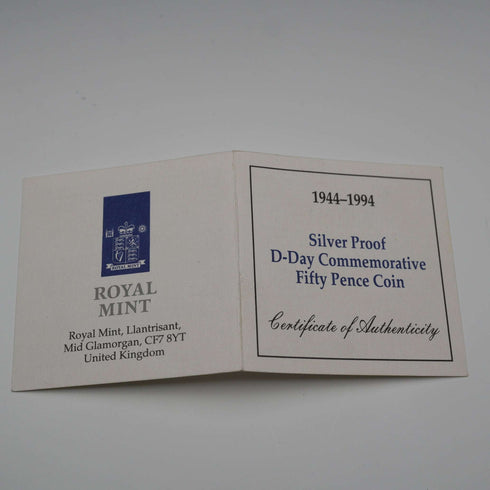 UK 50 Pence Commemorative Silver Coin World War II D-Day 50th Anniversary Royal Mint with Case and Certificate
