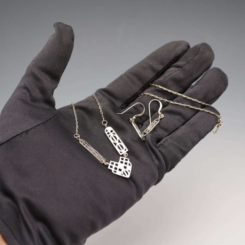 British Vintage Rennie Mackintosh Style Sterling Silver Necklace & Earrings Kit Heath