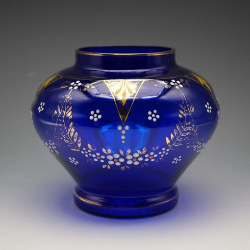 Jarrón de cristal azul de estilo victoriano vintage británico con decoración de esmalte