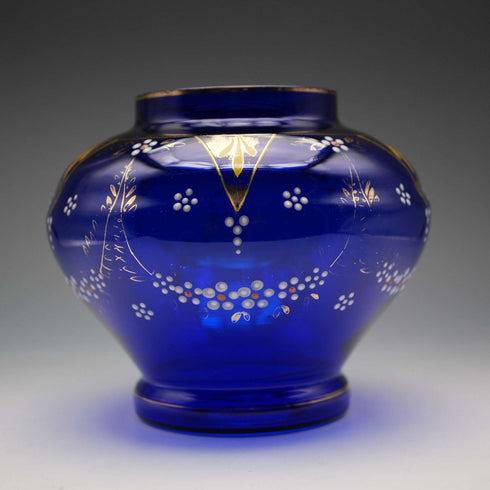 Jarrón de cristal azul de estilo victoriano vintage británico con decoración de esmalte