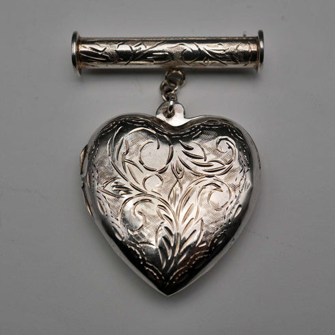 English Vintage Sterling Silver Heart Locket with Scroll Engraving and Dangle Bar Brooch