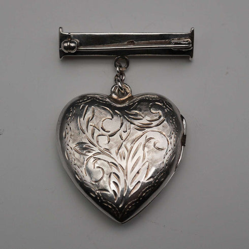 English Vintage Sterling Silver Heart Locket with Scroll Engraving and Dangle Bar Brooch