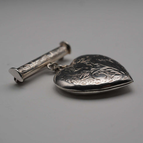 English Vintage Sterling Silver Heart Locket with Scroll Engraving and Dangle Bar Brooch