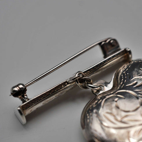 English Vintage Sterling Silver Heart Locket with Scroll Engraving and Dangle Bar Brooch
