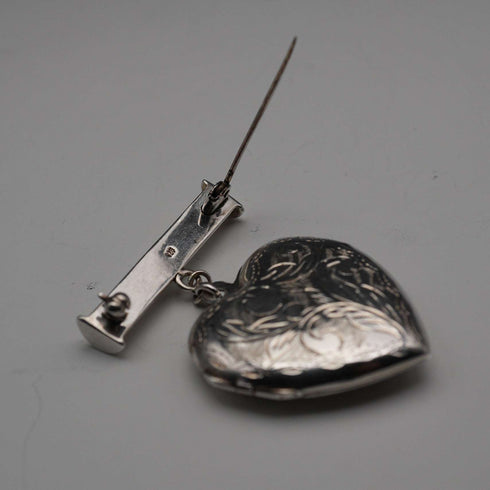 English Vintage Sterling Silver Heart Locket with Scroll Engraving and Dangle Bar Brooch