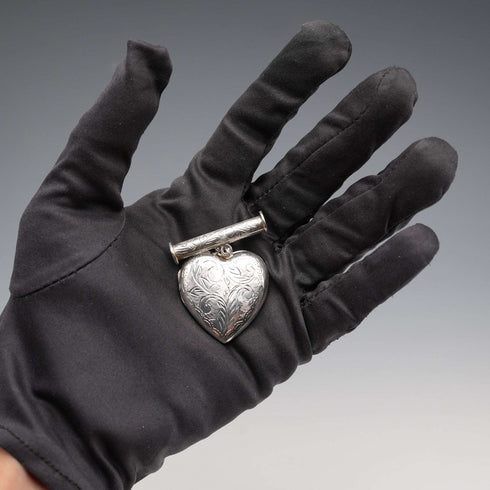 English Vintage Sterling Silver Heart Locket with Scroll Engraving and Dangle Bar Brooch