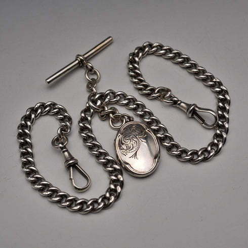 Antique British Sterling Silver Double Albert Chain 51g with Sterling Silver Locket Fob