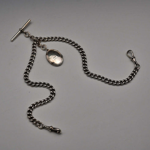 Antique British Sterling Silver Double Albert Chain 51g with Sterling Silver Locket Fob