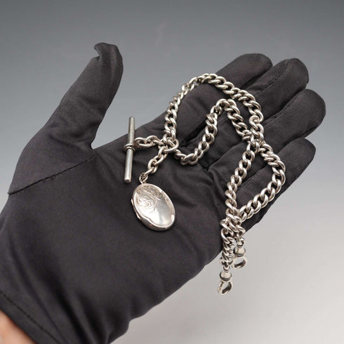 Antique British Sterling Silver Double Albert Chain 51g with Sterling Silver Locket Fob