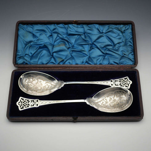 British Antique Silver Plated Serving Spoon Pair, John Sanderson