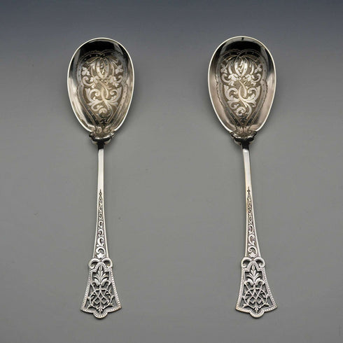 British Antique Silver Plated Serving Spoon Pair, John Sanderson
