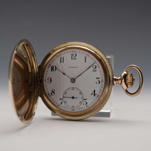 Circa 1930 Switzerland Zenith Pocket Watch Swan Neck Mechanical Gold Plated Hunter Case Good Working Order