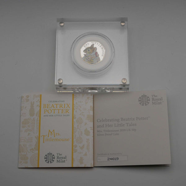 英国 ビアトリクス・ポター 生誕150年記念 「ティトルマウス夫人」50ペンス記念銀貨 RoyalMint ケース・説明書付 24619
