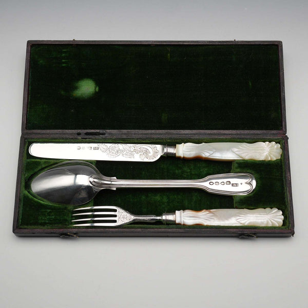 1838年頃 英国アンティーク 純銀&白蝶貝製 クリスニングカトラリーセット ケース入りSamuel Harwood