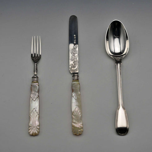 Circa 1838 English Antique Sterling Silver & Mother-of-Pearl Christening Cutlery Set in Case by Samuel Harwood