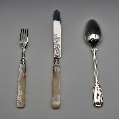 Circa 1838 English Antique Sterling Silver & Mother-of-Pearl Christening Cutlery Set in Case by Samuel Harwood