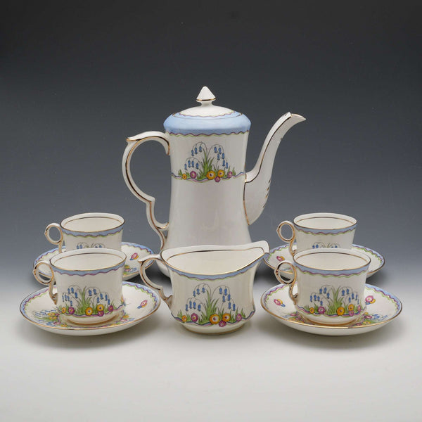 英国ヴィンテージ Carlton China コーヒーポット、クリームジャグ、デミタスカップ&ソーサー 4セット