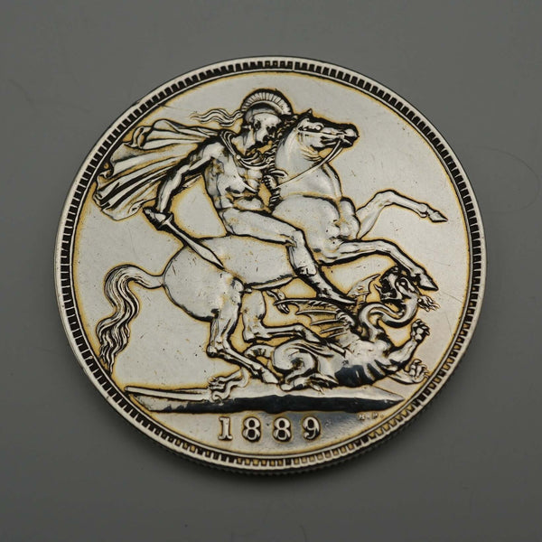 英国アンティーク 1889年 クラウン銀貨 ジュビリーヘッド/聖ジョージの竜退治 28g