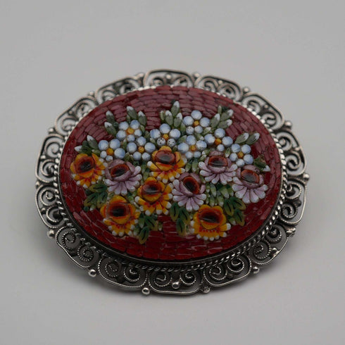 Vintage 800 Silver Micromosaic Floral Brooch