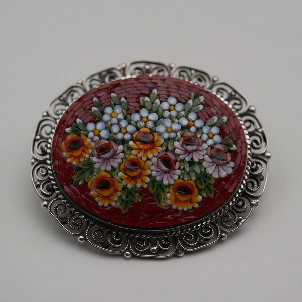 Vintage 800 Silver Micromosaic Floral Brooch