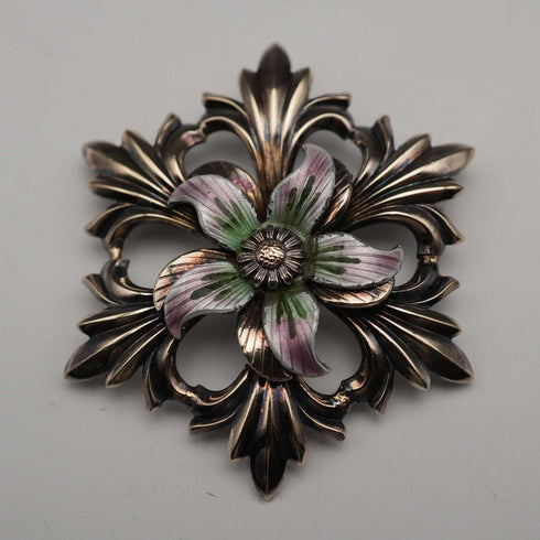 US Antique Sterling Silver, Enamel & Gold Plated Floral Brooch by W. E. Richards
