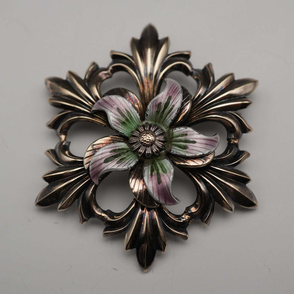 US Antique Sterling Silver, Enamel & Gold Plated Floral Brooch by W. E. Richards