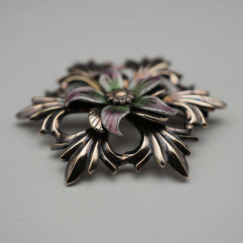 US Antique Sterling Silver, Enamel & Gold Plated Floral Brooch by W. E. Richards