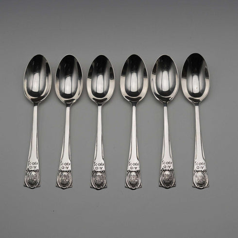 Juego de 6 cucharillas de té de plata de ley, vintage británico de 1934, conmemorativas del Jubileo, 55g en total, Northern Goldsmiths Co, con estuche.