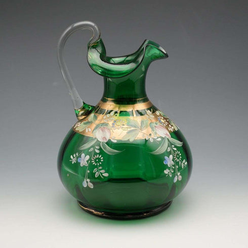 British Vintage Enamel-Decorated Green Glass Vase with Handle ②
