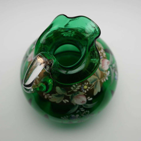 British Vintage Enamel-Decorated Green Glass Vase with Handle ②