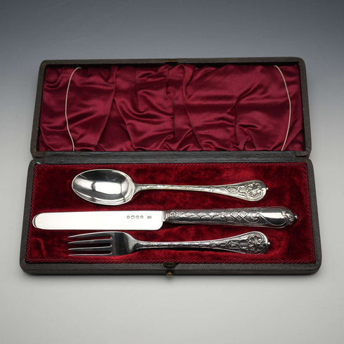 1865 Antique English Sterling Silver Christening Cutlery Set, Total 102g, by George Adams, Cased